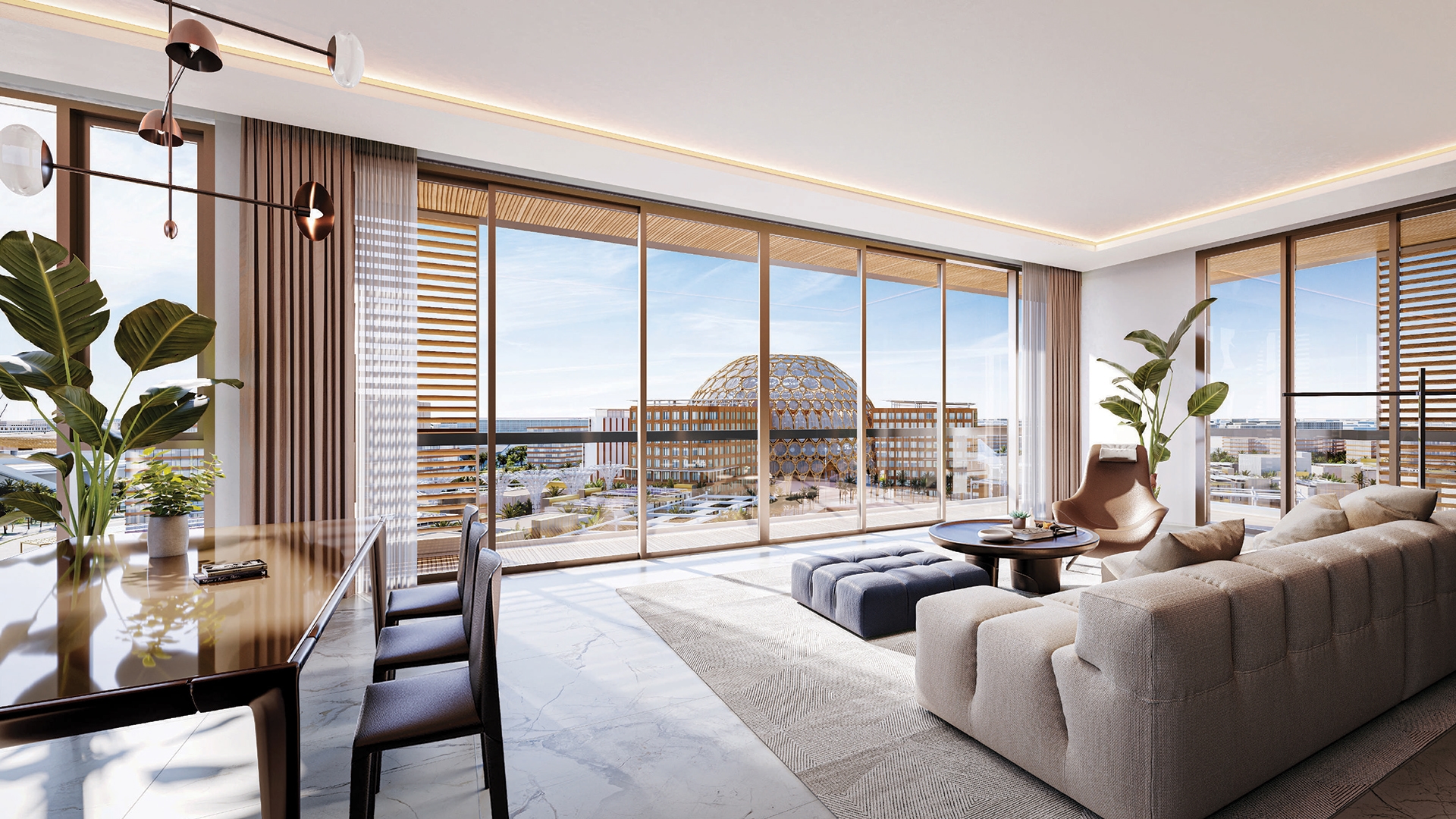 Sky Residences offers expansive living bathed in natural light. Floor-to-ceiling windows showcase panoramic views, blurring the lines between interior space and the vibrant tapestry of Expo City Dubai. Open layouts and generous balconies invite residents to connect with the outdoors, fostering a sense of openness and connection.  Functional design prioritizes comfort and efficiency. Each residence features built-in wardrobes in all bedrooms, a dedicated laundry and storage room and modern finishes throughout. The variety of layouts caters to diverse needs, offering one to four bedrooms to suit families, couples or professionals. Beyond the private haven of each apartment, a vibrant community awaits. Sky Residences boasts a wealth of amenities, including a sparkling lap pool, children's pool and dedicated spaces for relaxation and socializing. BBQ areas and outdoor dining pavilions provide idyllic settings for gatherings while a multi-purpose room and lawn offer flexible spaces for recreation. Landscaped courtyards invite leisurely strolls or playful afternoons with loved ones, fostering a sense of community.  Residents also enjoy privileged access to the surrounding green spaces, jogging tracks, cycling paths and hiking trails. This fusion of urban living with outdoor pursuits caters to those seeking an active lifestyle. Starting at AED 1.7 million, Sky Residences offers one to four-bedroom apartments. The handover is expected in Q4 2026 with a convenient 40/60 payment plan.