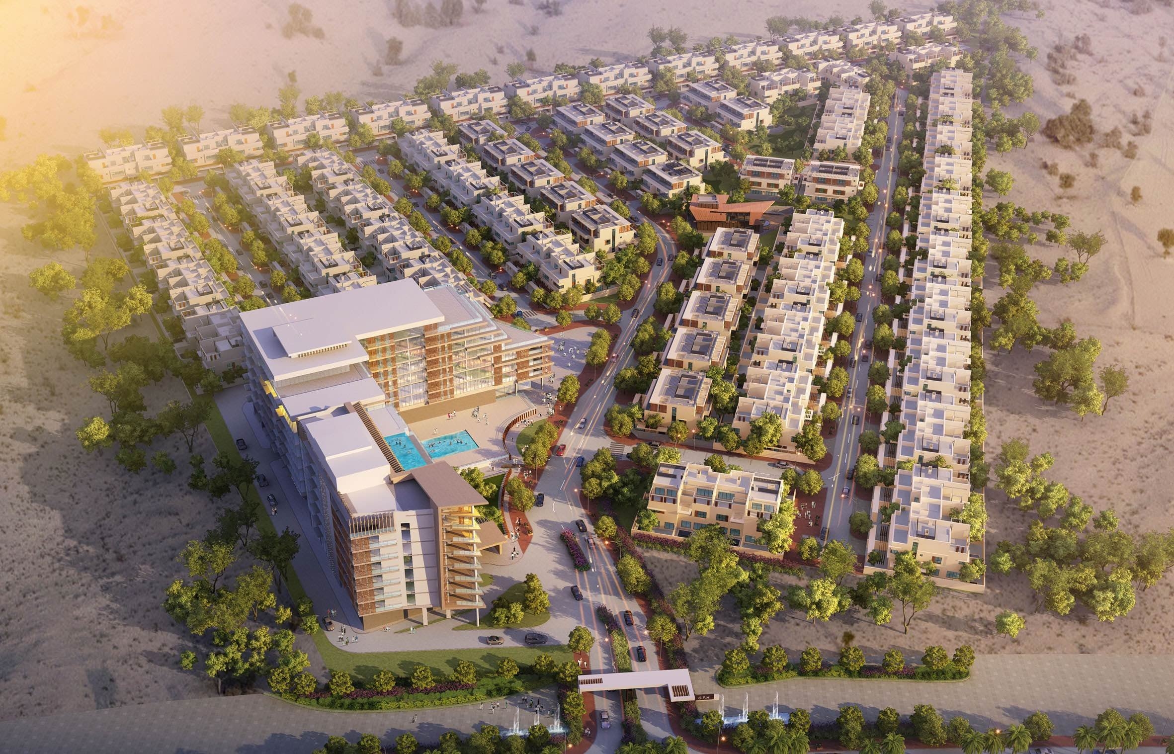 California Village by Infracorp, located in the heart of Dubailand, unveils a residential sanctuary dedicated to a serene lifestyle. This community, thoughtfully designed to embrace the beauty of its surroundings, stands as a testament to family-centric living. Within California Village, a diverse range of townhouses and villas seamlessly integrates with nature, creating a harmonious environment. Immerse yourself in the lush greenery, discover community centers, delight in kids' play areas, and refresh in inviting swimming pools.  Each residence within this community reflects spacious layouts, impeccable finishes, and welcoming backyards, offering an atmosphere of comfort and family-oriented living. Strategically positioned, California Village places you within minutes of Cityland Mall and Global Village, providing residents with convenient access to diverse amenities and entertainment options. This ideal location ensures a lifestyle that effortlessly combines tranquility with urban conveniences. What sets California Village apart is its innovative post-handover payment plan spanning five years. This unique feature goes beyond conventional offerings, providing buyers with an extended and flexible financial arrangement. Buyers can navigate homeownership with greater ease, distributing the financial commitment over an extended period. Starting at AED 3.5M, Infracorp's California Village offers a selection of 3 & 5-bedroom townhouses and villas. The handover is expected in Q3 2025 with a post-handover payment plan spanning five years.